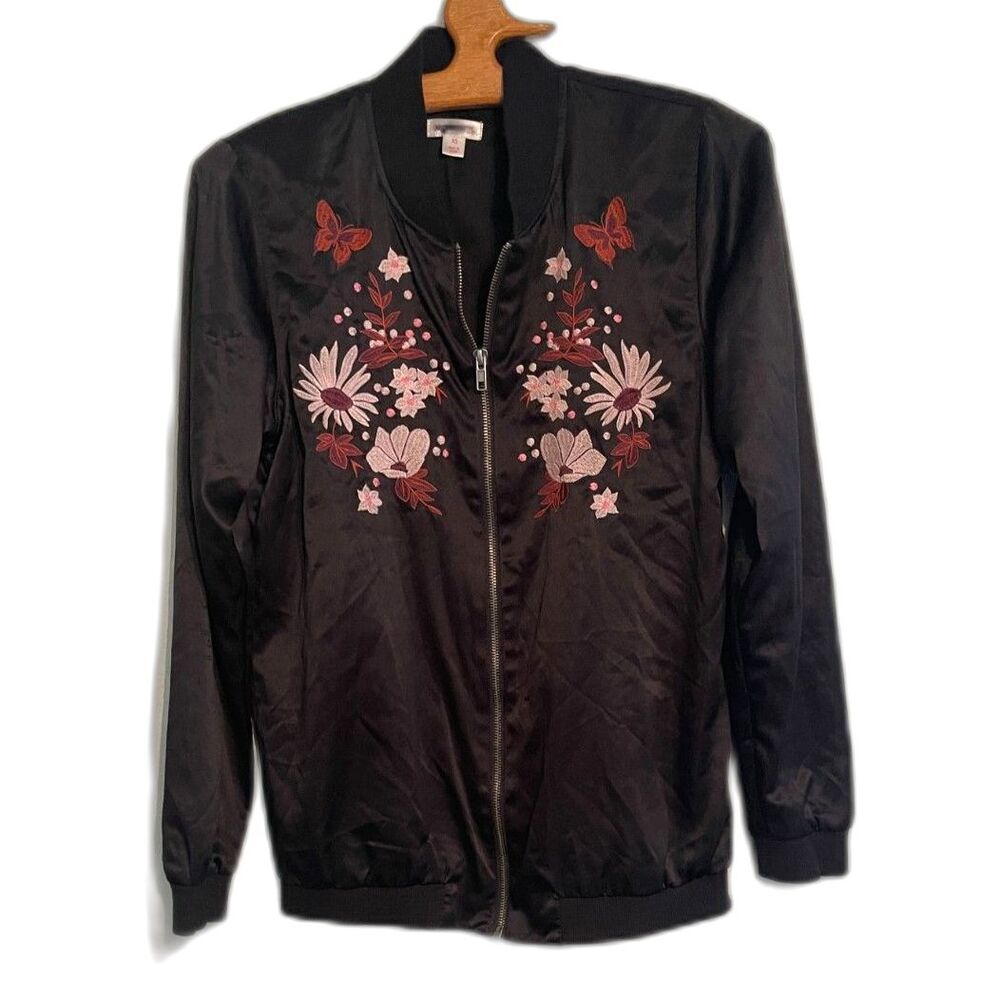 Vintage Y2K Floral Satin Bomber Jacket Black Zip Front Lightweight Size M
